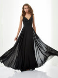 Black Chiffon A-Line Floor-Length with Sequined Bodice + Flowing Chiffon Skirt and V-Neck