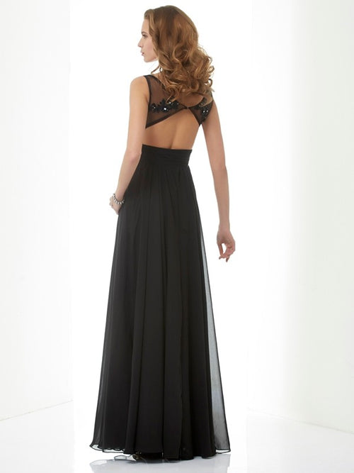 Abiti lunghi in chiffon con scollo a V, senza maniche, perline e applicazioni, stile principessa/a trapezio