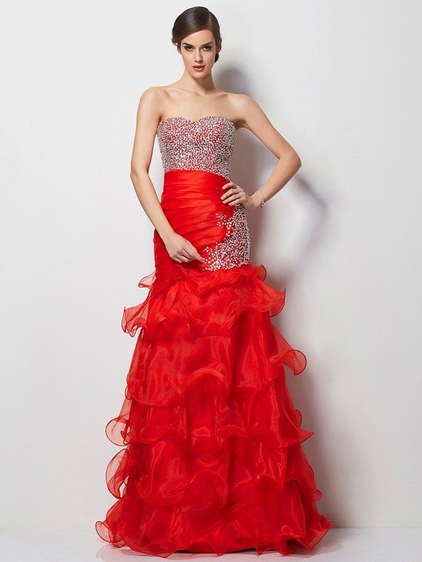 Red Sequin Organza Mermaid Floor-Length Evening Dress with Beaded Bodice