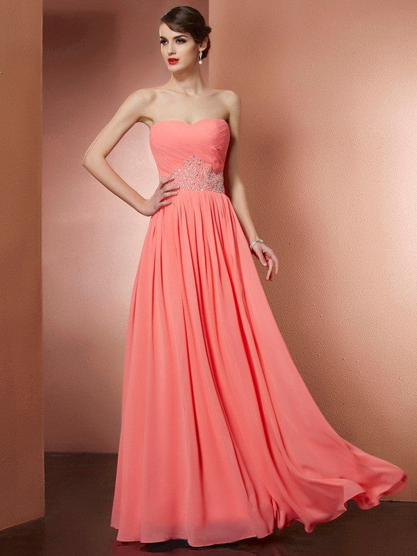 Coral Sweetheart Pleated Chiffon A-Line Floor-Length Dress