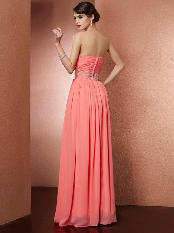 Coral Sweetheart Pleated Chiffon A-Line Floor-Length Dress