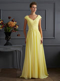 Yellow Chiffon A-Line Floor-Length Bridesmaid Dress, V-Neck, Back Zip, Pleated Bodice for Weddings & Formal Events