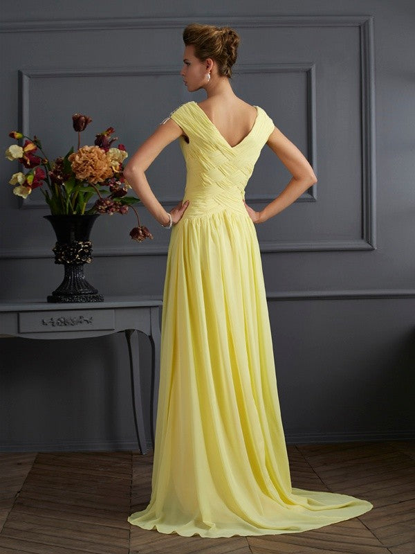 Vestidos largos de gasa con pliegues, mangas cortas, escote en V y corte princesa