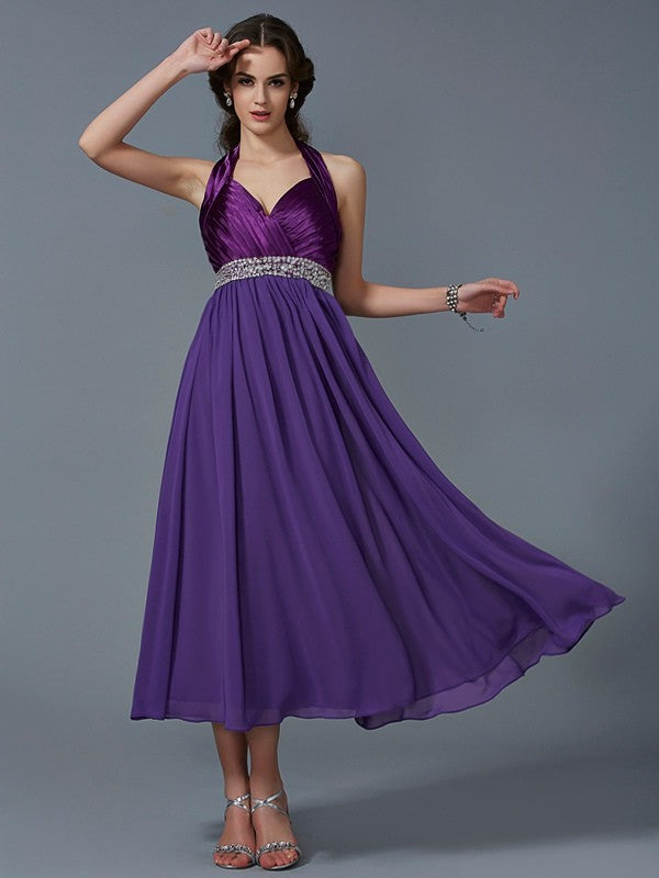 Abiti da damigella d'onore lunghi in chiffon con perline, senza maniche, stile principessa/a trapezio