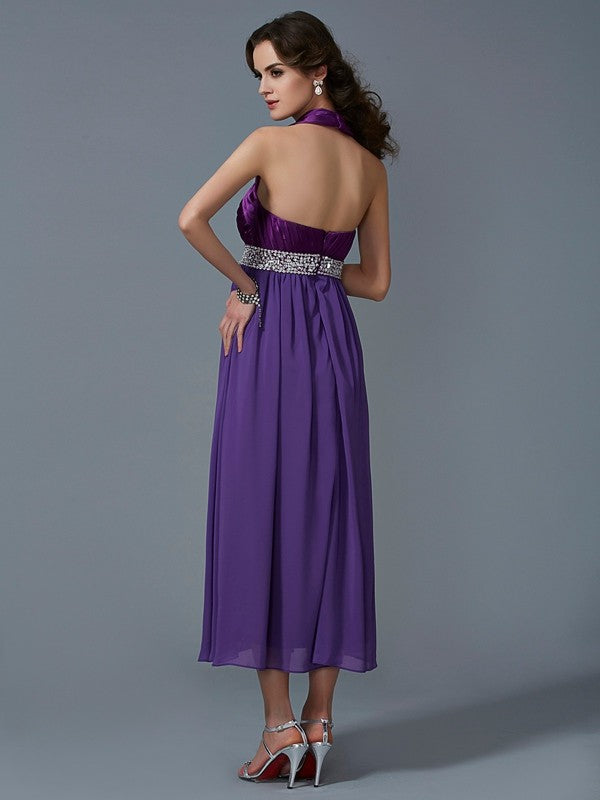 Abiti da damigella d'onore lunghi in chiffon con perline, senza maniche, stile principessa/a trapezio