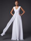 White Chiffon A-Line Floor-Length V-Neck Dress with Draped Bodice
