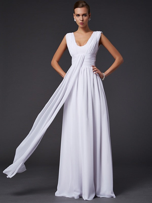 White Chiffon A-Line Floor-Length V-Neck Dress with Draped Bodice