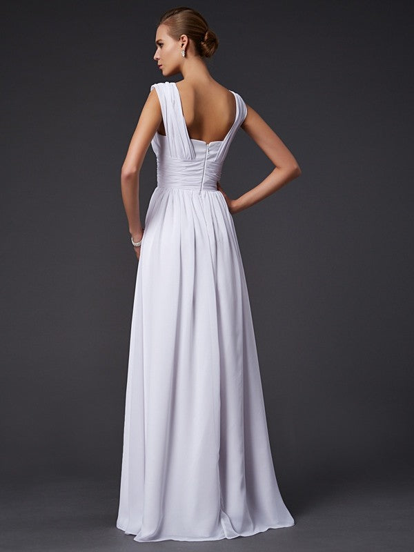 White Chiffon A-Line Floor-Length V-Neck Dress with Draped Bodice