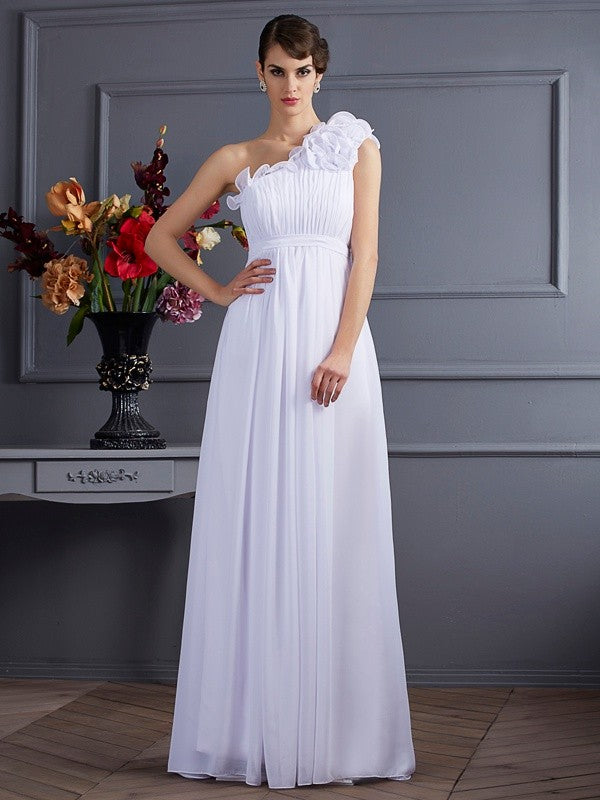 White Chiffon A-Line One Shoulder Floor-Length Bridesmaid Dress with Pleated Bodice