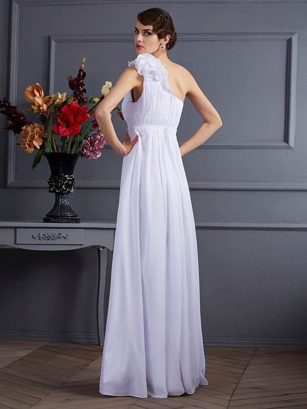 White Chiffon A-Line One Shoulder Floor-Length Bridesmaid Dress with Pleated Bodice