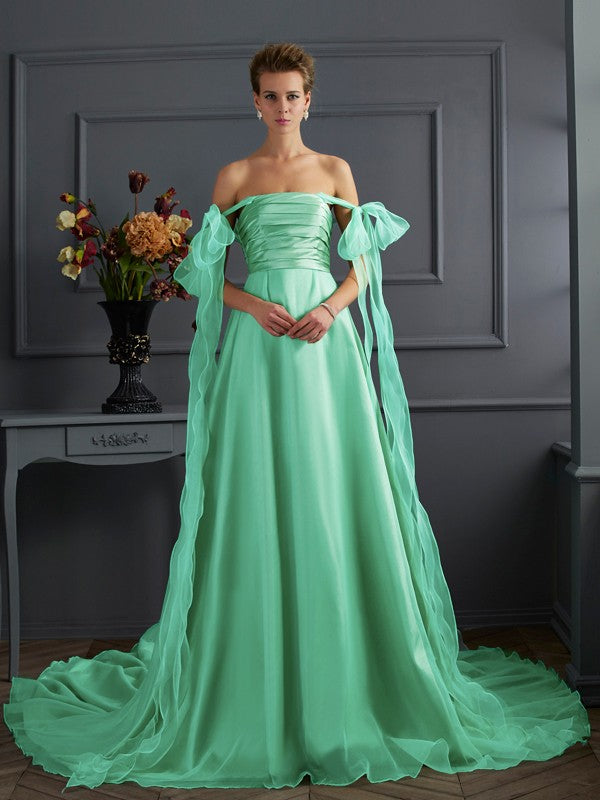 Mint Green Satin A-Line Floor-Length Gown with Off-the-Shoulder Bows