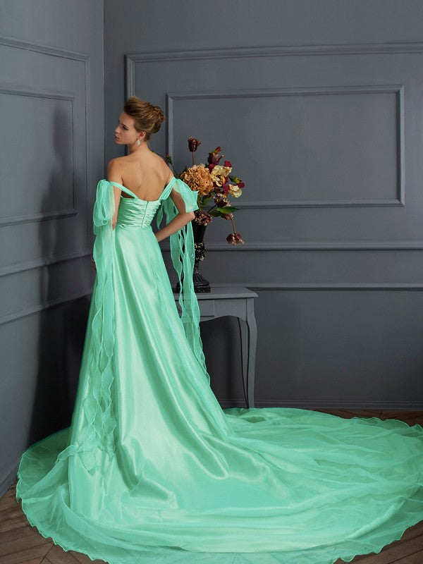 Mint Green Satin A-Line Floor-Length Gown with Off-the-Shoulder Bows