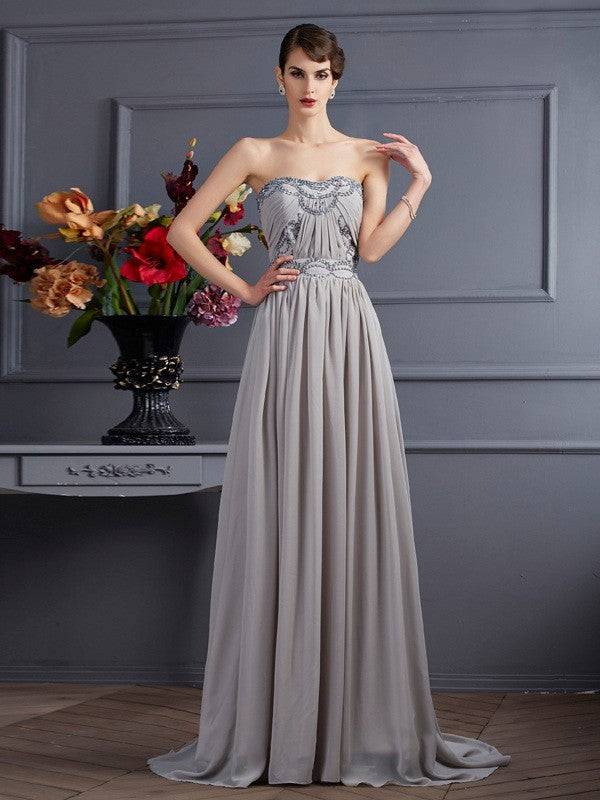 Grey Chiffon A-Line Floor-Length Bridesmaid Dress with Beaded Sweetheart Neckline