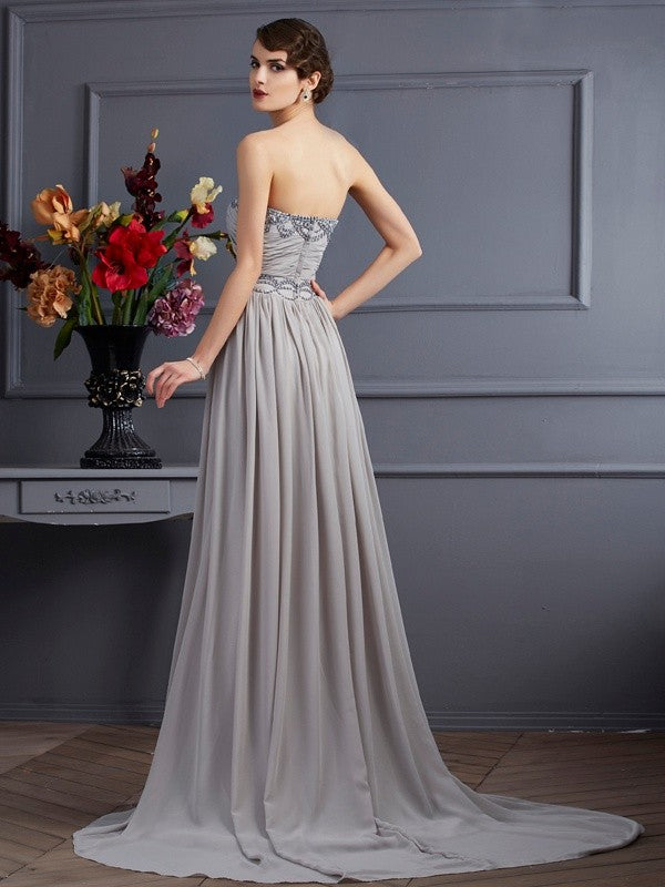 Grey Chiffon A-Line Floor-Length Bridesmaid Dress with Beaded Sweetheart Neckline
