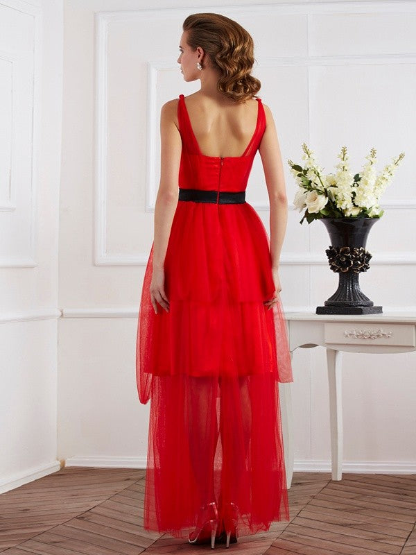 Vestidos largos de satén tejido con pliegues, sin mangas y tirantes princesa/corte A