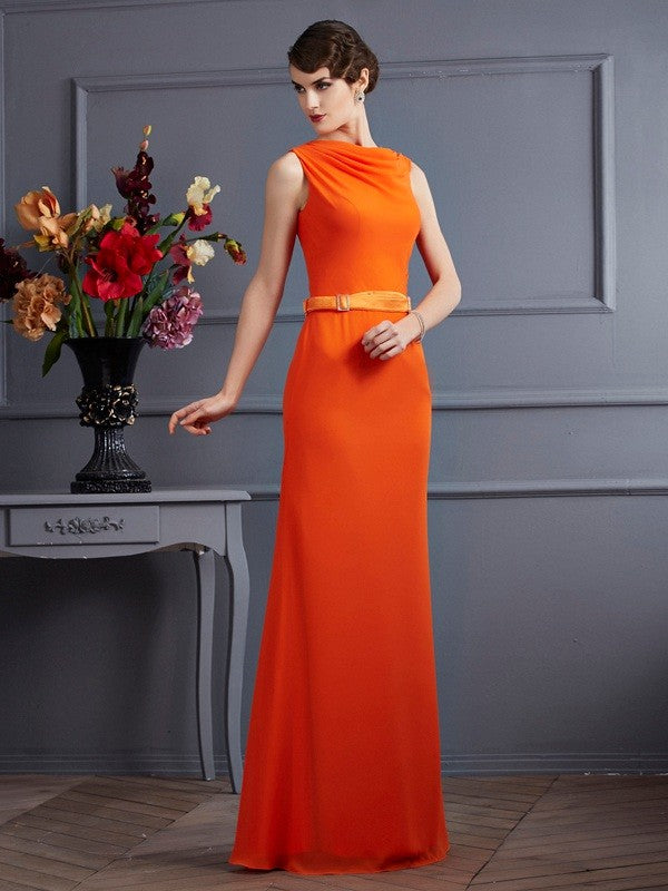 Orange Chiffon Floor-Length A-Line Evening Dress with Cowl Neck
