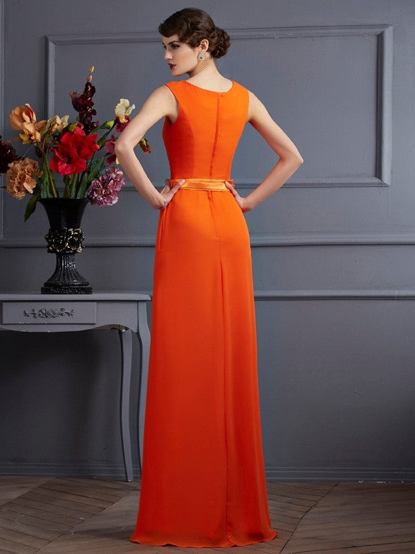 Abiti lunghi in chiffon con scollo a V, senza maniche, fascia/nastro/cintura, a tubino/colonna