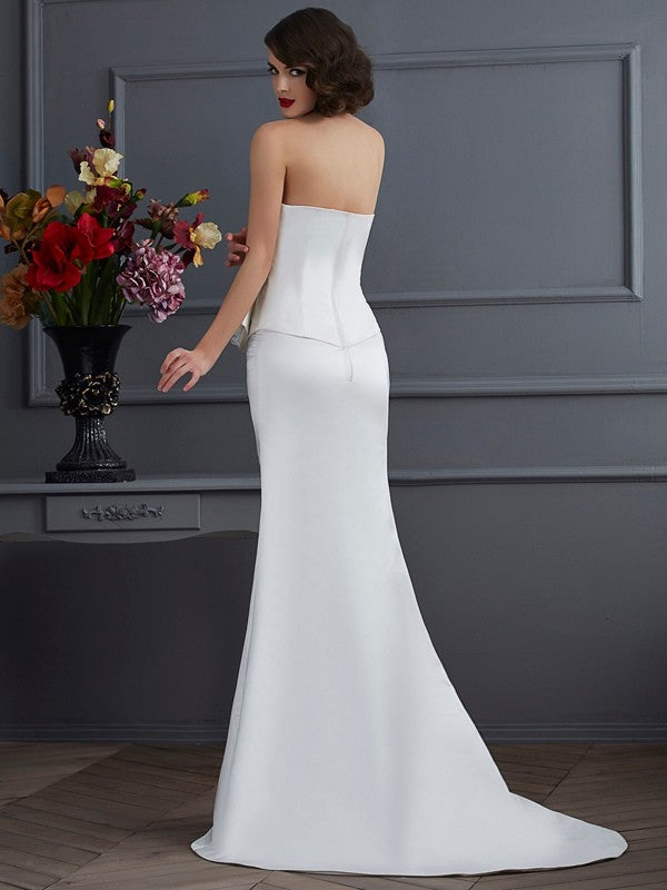 Trumpet/Mermaid Strapless Sleeveless Hand-Made Flower Long Satin Dresses