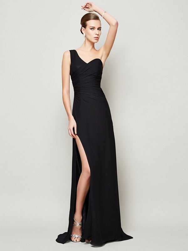 Black Chiffon One Shoulder A-Line Floor-Length Evening Dress with Ruched Bodice and High Slit