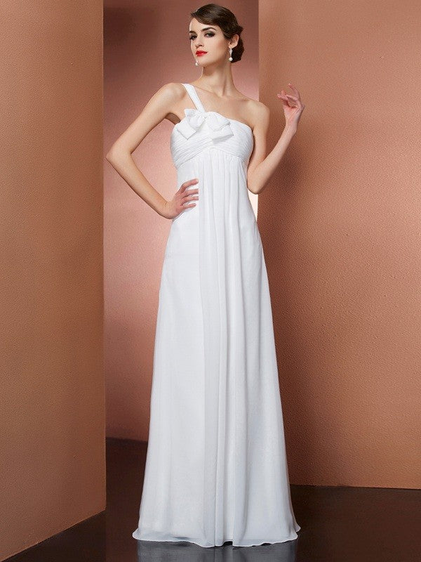 White Chiffon One Shoulder A-Line Floor-Length Bridesmaid Dress with Bow Detail