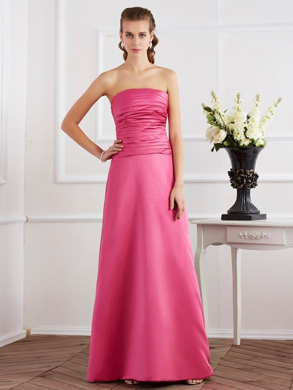 Pink Satin A-Line Floor-Length Bridesmaid Dress with Ruched Bodice and Straight Neck