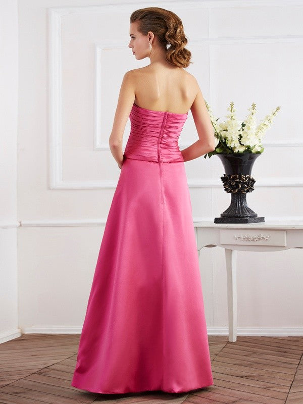 Pink Satin A-Line Floor-Length Bridesmaid Dress with Ruched Bodice and Straight Neck