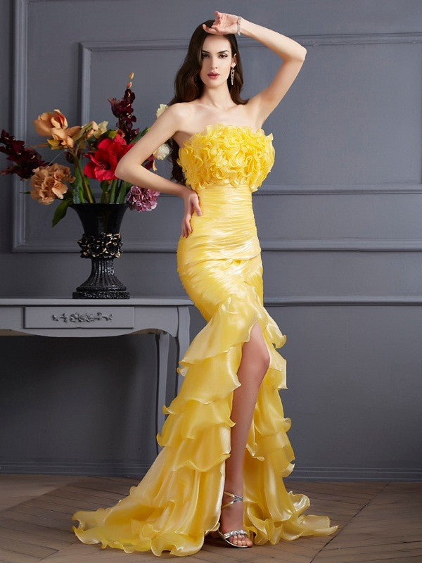 Yellow Organza Mermaid Floor-Length Dress with Ruffled Bodice and High Slit