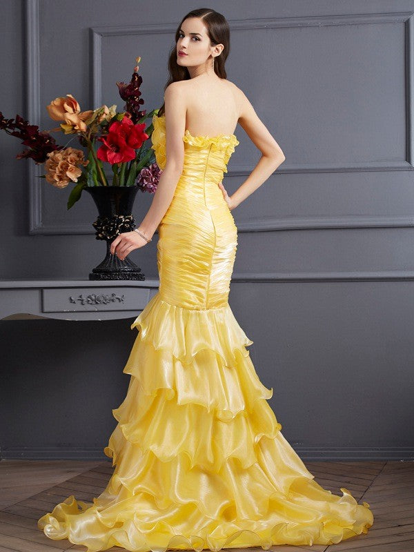 Yellow Organza Mermaid Floor-Length Dress with Ruffled Bodice and High Slit