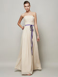 Champagne Chiffon A-Line Floor-Length Dress with Straight Neck & Ruched Bodice
