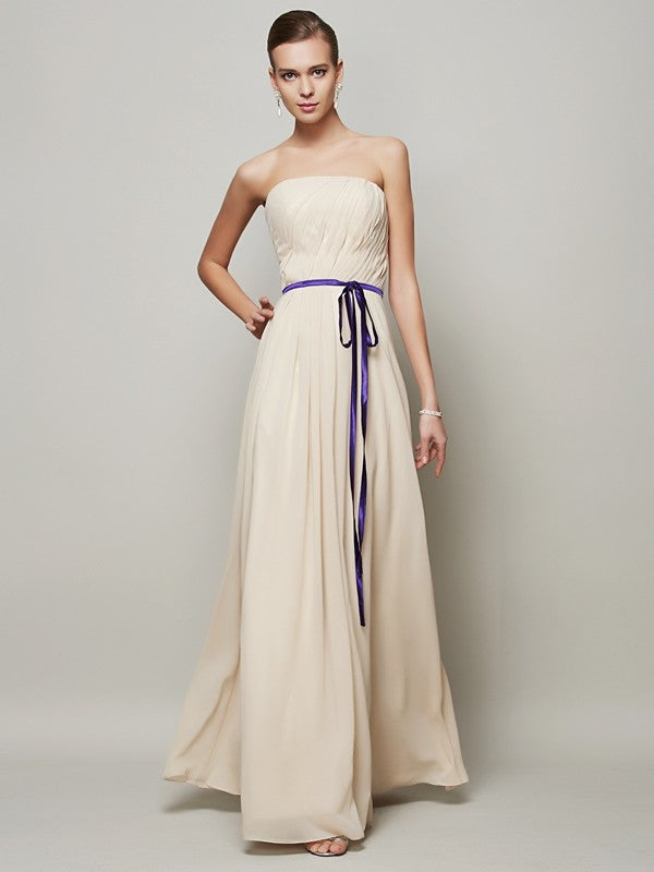 Champagne Chiffon A-Line Floor-Length Dress with Straight Neck & Ruched Bodice