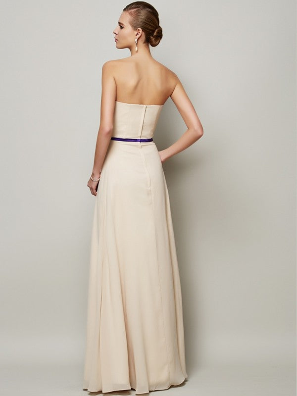 Champagne Chiffon A-Line Floor-Length Dress with Straight Neck & Ruched Bodice