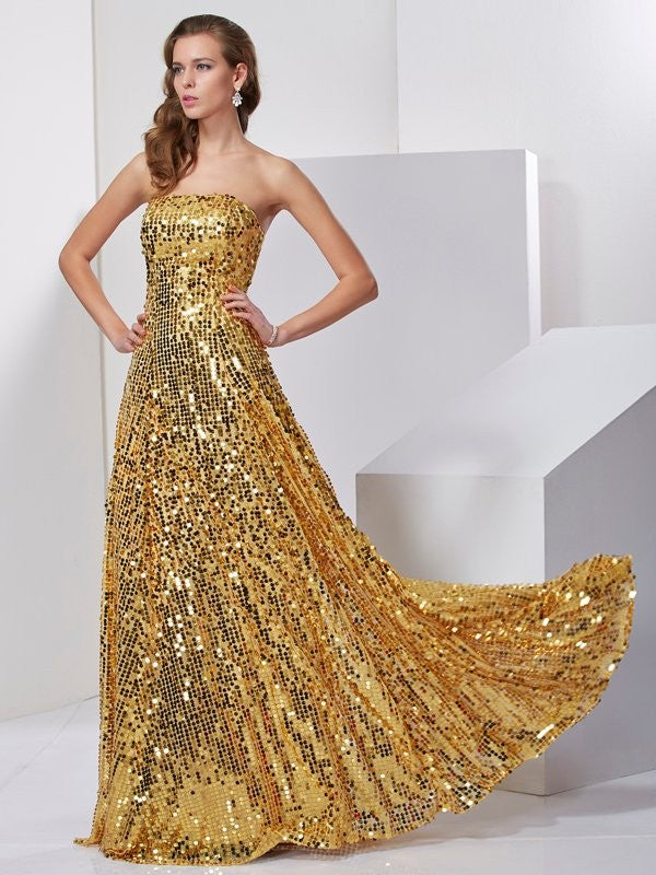 Gold Sequin A-Line Floor-Length Straight Neck Evening Dress