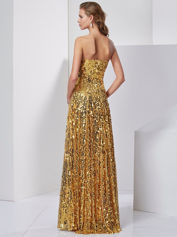 Vestidos largos de lentejuelas con corte A/princesa, sin tirantes, sin mangas, con faja/cinta/cinturón