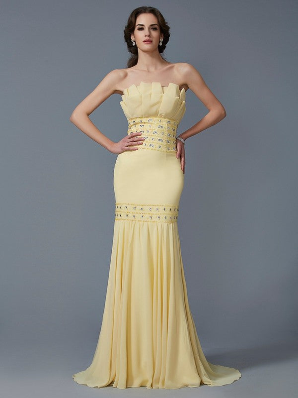 Lemon Crepe & Chiffon Mermaid Floor-Length Evening Dress with Pleated Bodice, Beaded Waist & Pleated Mermaid Skirt