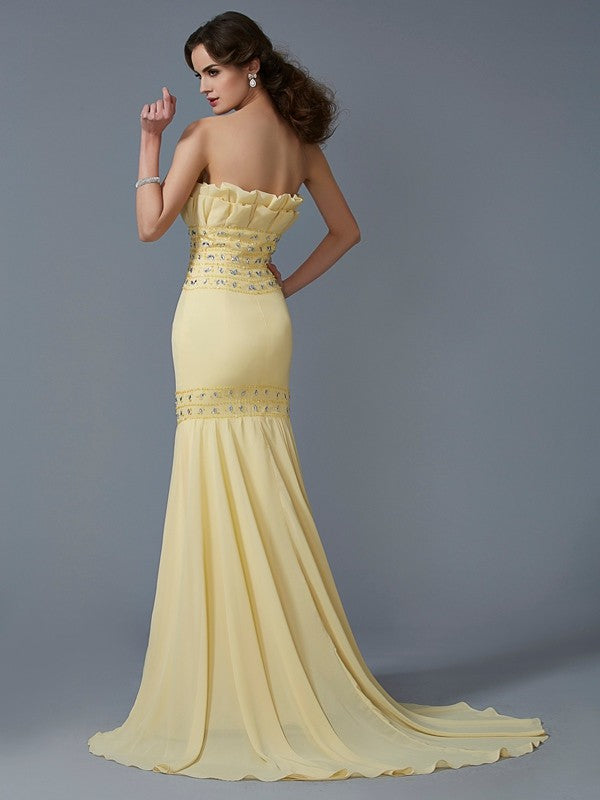 Lemon Crepe & Chiffon Mermaid Floor-Length Evening Dress with Pleated Bodice, Beaded Waist & Pleated Mermaid Skirt