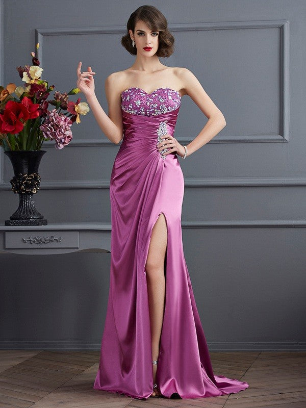 Mulberry Satin Sweetheart Sheath/column Floor-Length Evening Dress with Embellished Bodice & High Slit