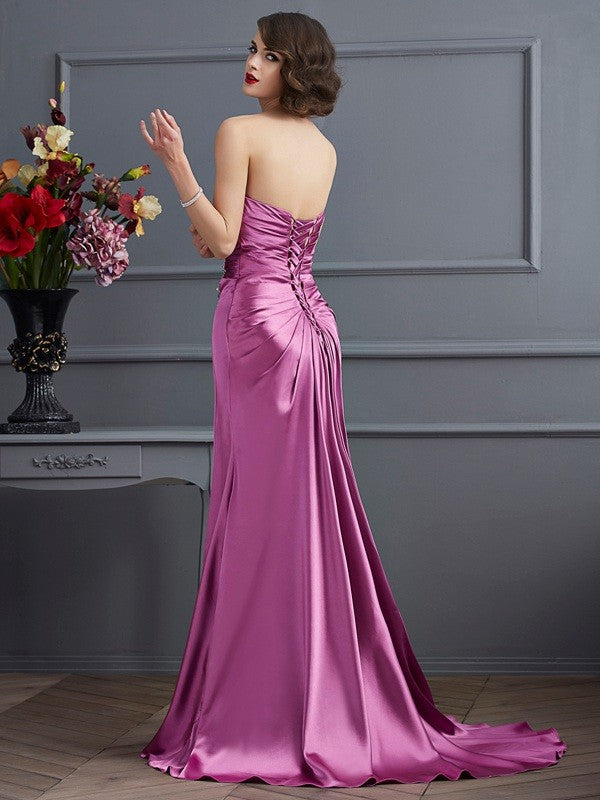 Mulberry Satin Sweetheart Sheath/column Floor-Length Evening Dress with Embellished Bodice & High Slit