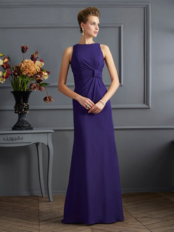 Vestidos largos de gasa con pliegues, sin mangas, con escote barco y corte tubo/columna