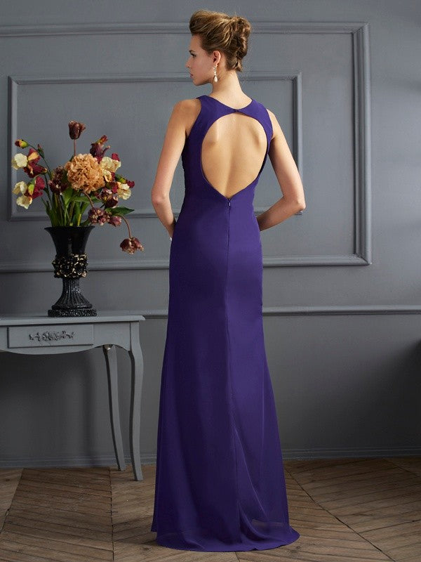 Purple Chiffon A-Line Floor-Length Bridesmaid Dress with Boat Neck & Draped Bodice
