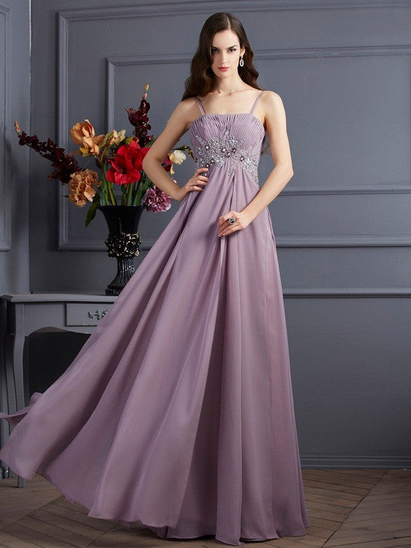 Lavender Chiffon A-Line Floor-Length Bridesmaid Dress with Ruched Bodice and Beaded Waistline