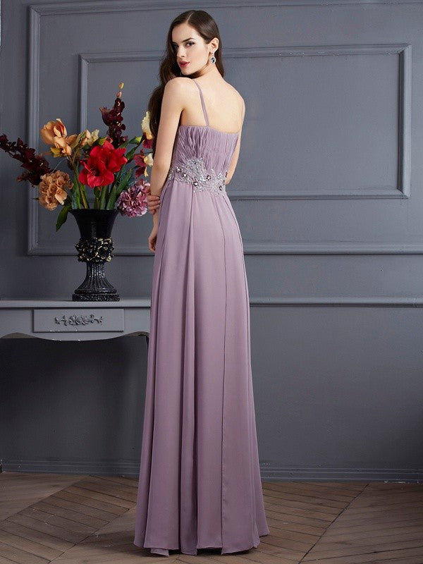 Lavender Chiffon A-Line Floor-Length Bridesmaid Dress with Ruched Bodice and Beaded Waistline