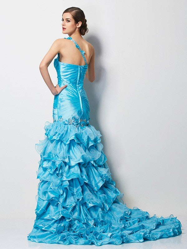 Trumpet/Mermaid One-Shoulder Sleeveless Beading High Low Taffeta Dresses