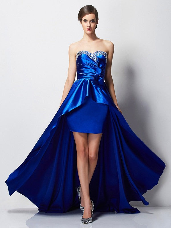 Royal Blue Satin A-Line Asymmetrical Sweetheart Evening Dress