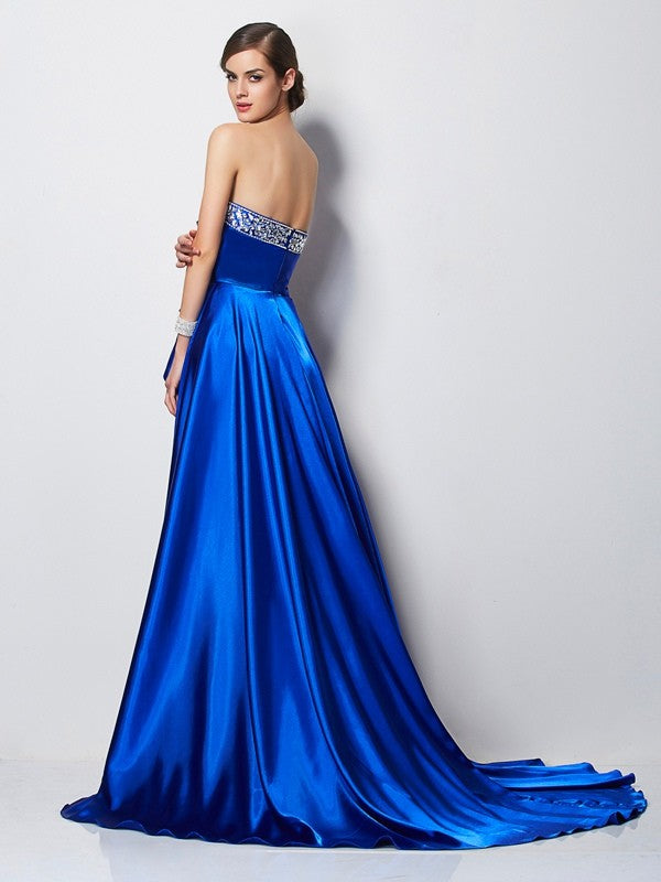 Royal Blue Satin A-Line Asymmetrical Sweetheart Evening Dress