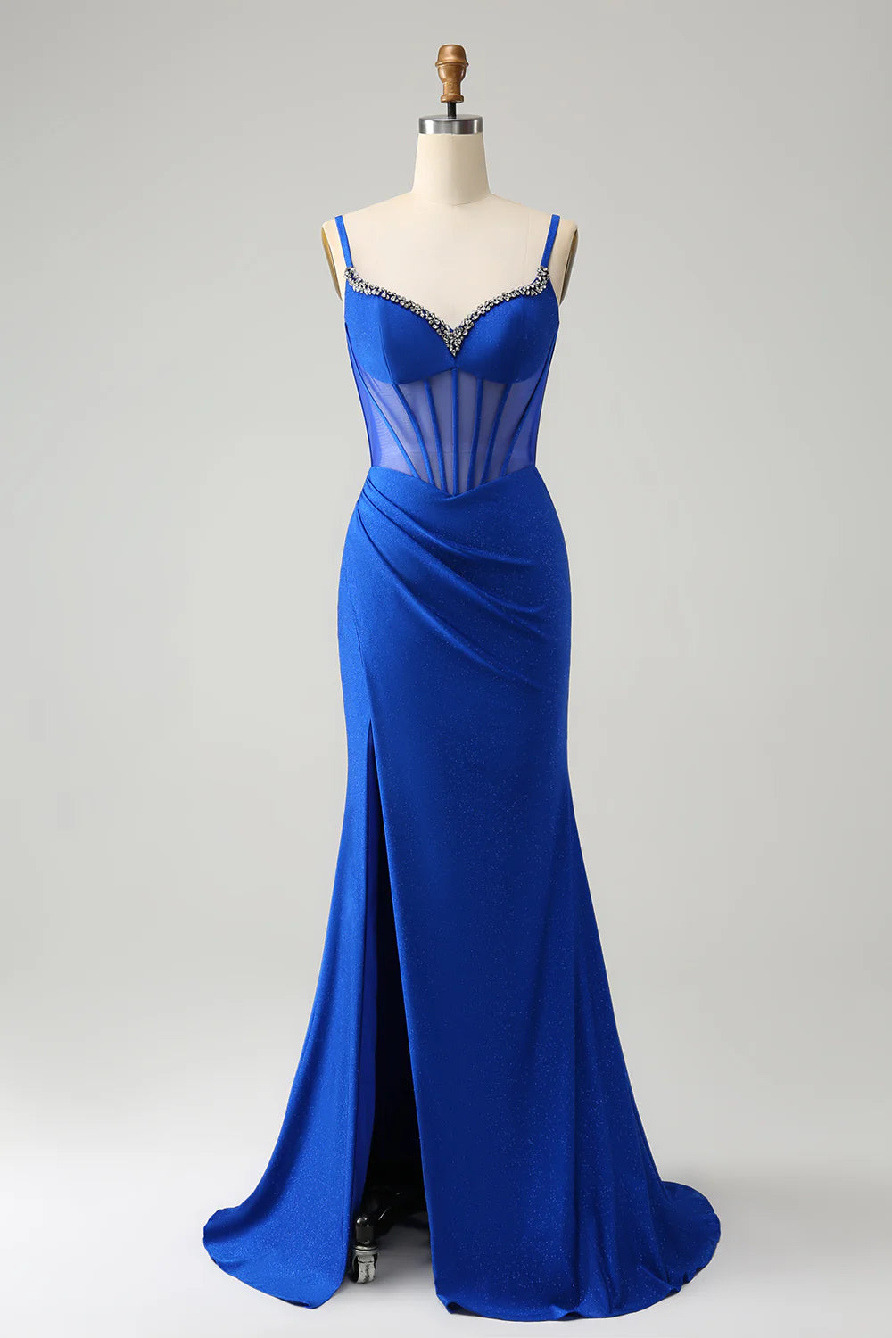 Royal blue mermaid bead tight corset long slit ball dress