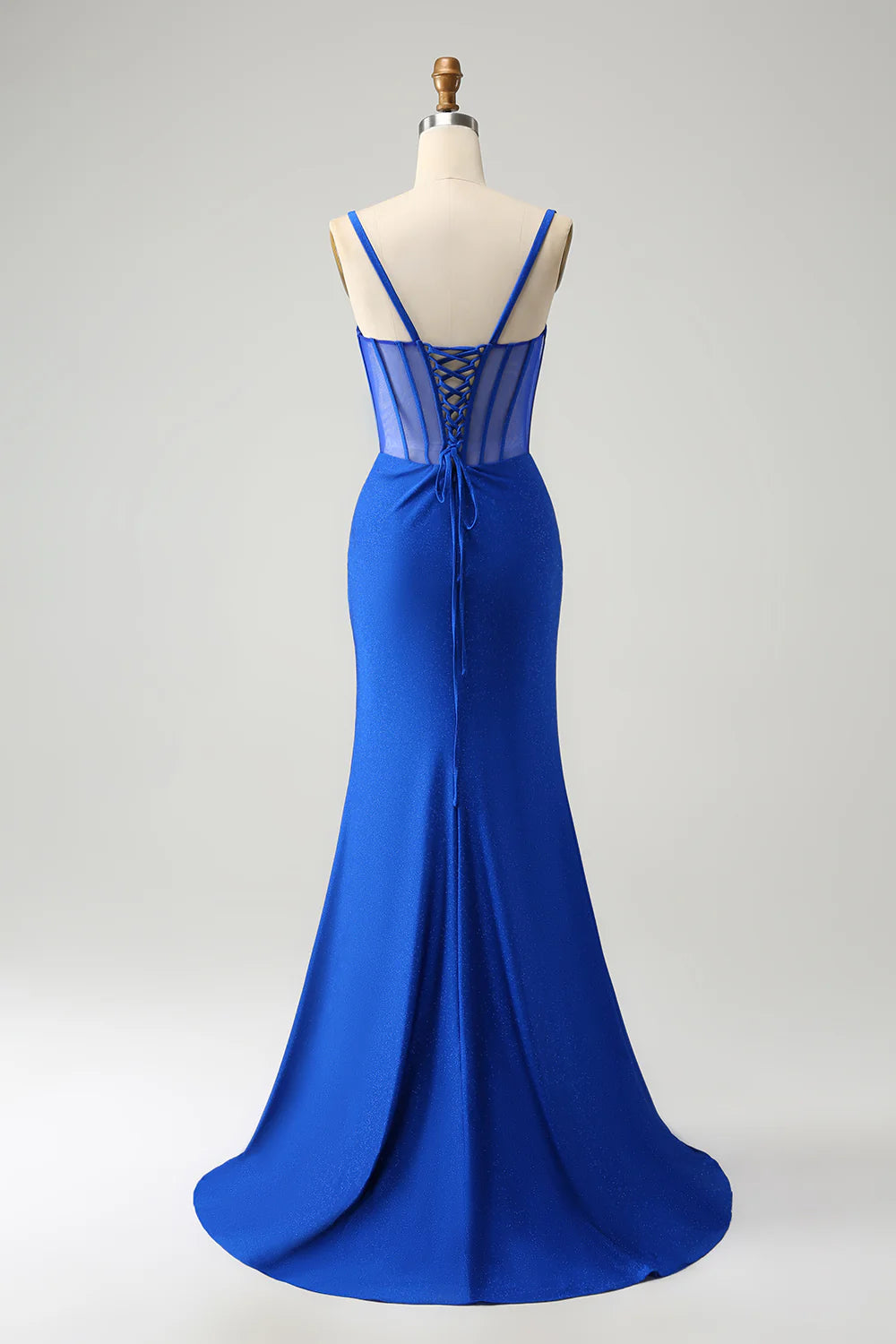 Royal blue mermaid bead tight corset long slit ball dress