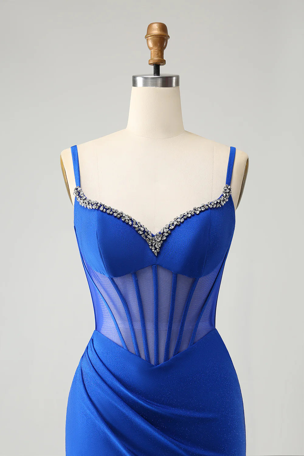 Royal blue mermaid bead tight corset long slit ball dress