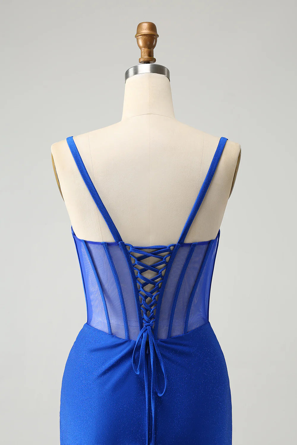 Royal blue mermaid bead tight corset long slit ball dress