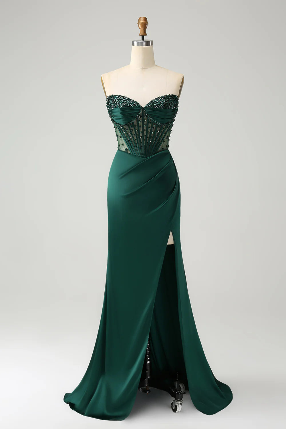 Deep green mermaid bead tight corset strapless slit long ball dress