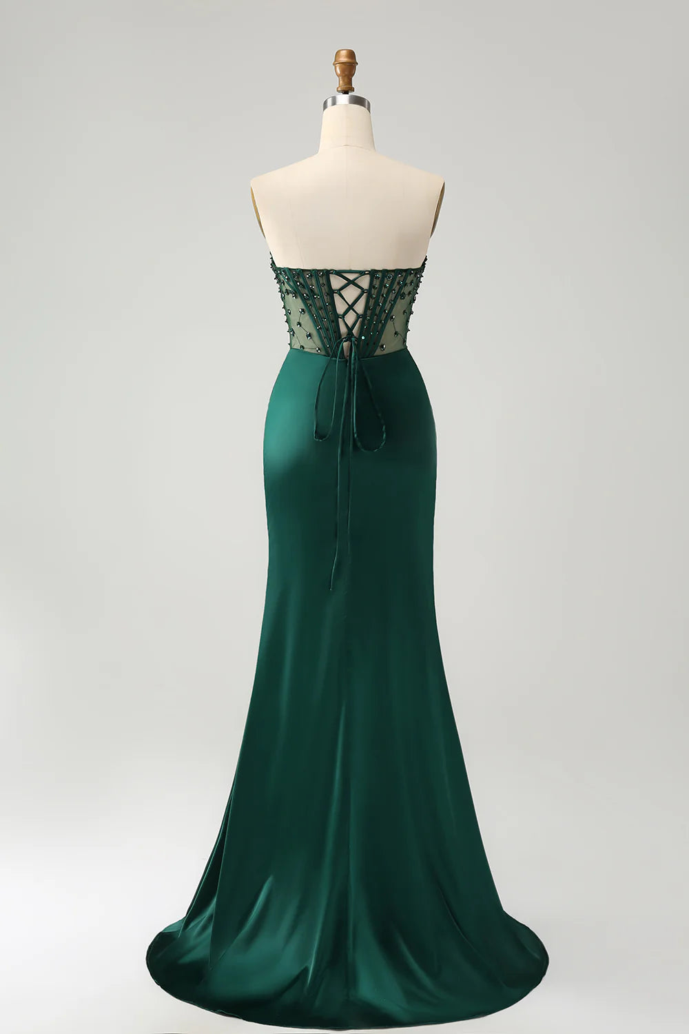 Deep green mermaid bead tight corset strapless slit long ball dress
